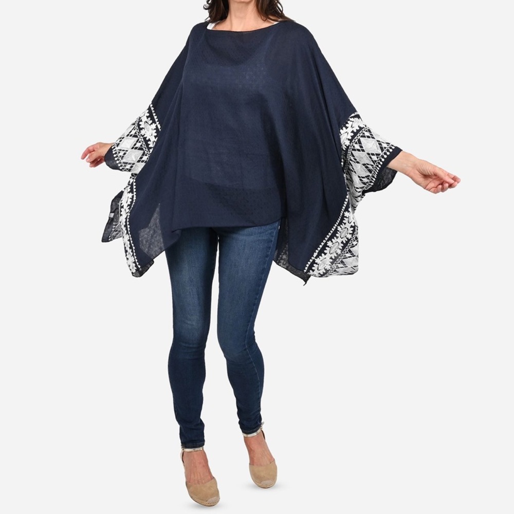 ✴️CAATYDID NAVY BLUE BOATNECK EMBROIDERED CAFTAN OSFM TUNIC SHORT LENGTH KAFTAN